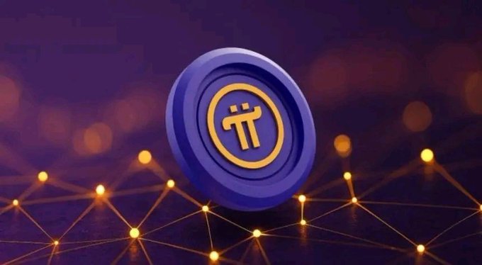 A blue and gold Pi Network coin rests on a glowing network of interconnected golden nodes against a dark background, symbolizing the cryptocurrency's blockchain technology. The image visually reinforces the post's message of holding $Pi with confidence in its future value growth.