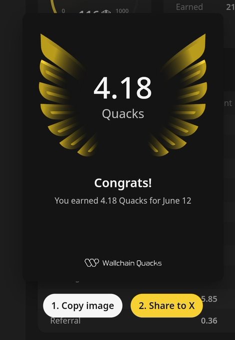 The main focus of the image is a phone screen displaying an accomplishment or achievement, likely related to gaming or another online activity. The screen shows a message congratulating the person for completing 4.18 Quacks, possibly indicating their success in leveling up, reaching a milestone, or gaining points during gameplay. This achievement might be associated with a specific game, like "Quack Quack", that requires players to collect and manage Quacks to progress through levels or complete challenges. The screen also provides options for sharing the achievement with friends by clicking on two buttons labeled "@wallchain" and "@quackers".