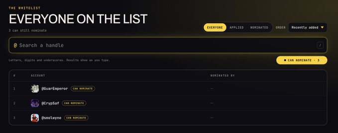 Image 10 displays a digital interface titled 'EVERYONE ON THE LIST' from 'THE WHITELIST', showing a search bar and a list of three nominated accounts including '@Duwaramperror'.