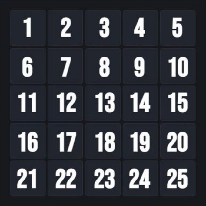 A 5x5 grid of dark blue buttons numbered 1 through 25 in white text, serving as a visual prompt for followers to pick a random number for a surprise reveal.