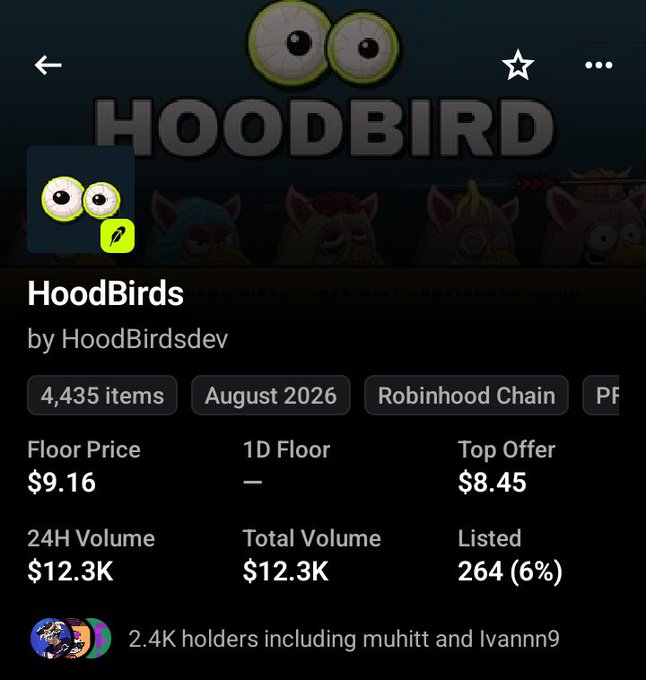 A screenshot of an NFT collection page titled 'HOODBIRD' by HoodBirdsdev, showing a floor price of $9.16, 4,435 items on Robinhood Chain, and 2.4K holders.