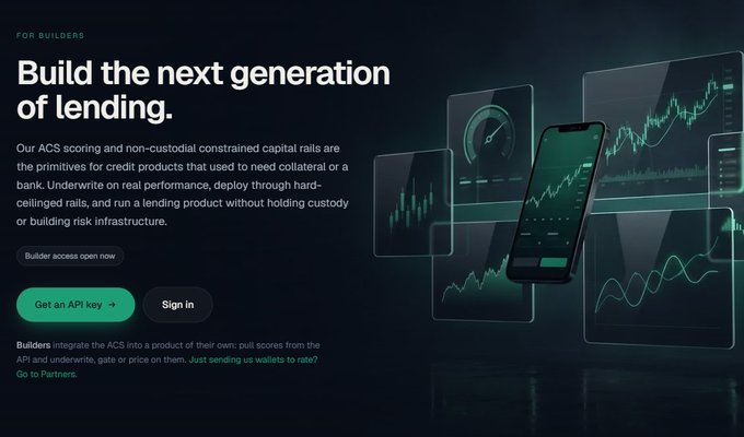A dark green landing page for builders titled "Build the next generation of lending" advertises "ACS scoring and non-custodial constrained capital rails" for credit products, featuring an image of a smartphone surrounded by financial chart graphics.