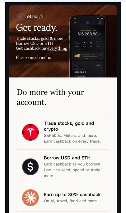 Ether.fi mobile app advertisement with the tagline 'Get ready. Trade stocks, gold & more. Borrow USD or ETH. Get cashback on everything.' showing account features including trading stocks/crypto (S&P500x), borrowing, and earning up to 30% cashback.