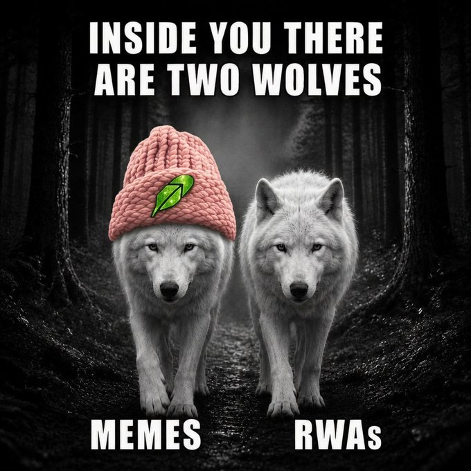 The 'Inside You There Are Two Wolves' meme format showing two white wolves in a dark forest, one wearing a pink beanie with a leaf logo labeled 'MEMES' and the other labeled 'RWAs'.