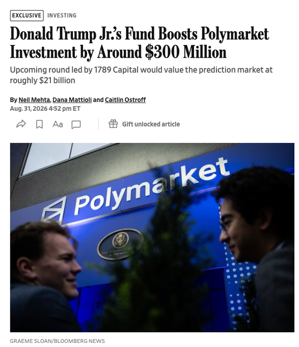 A Bloomberg news article headline reads 'Donald Trump Jr.'s Fund Boosts Polymarket Investment by Around $300 Million', accompanied by a photo of two men in front of a blue 'Polymarket' sign.