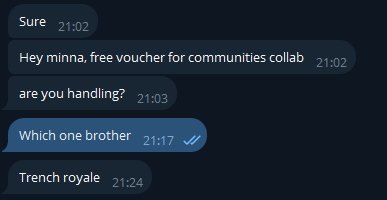 A screenshot of a direct message conversation showing a conversation about a 'free voucher for communities collab,' with mentions of 'minna,' 'brother,' and 'Trench royale.'