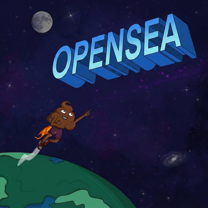 An illustrated cartoon shows a brown creature with flames blasting off from Earth like a rocket, pointing toward the word 'OPENSEA' floating in a starry night sky.