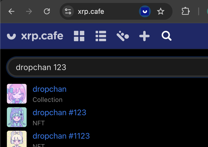 A mobile web browser screenshot showing a search for 'dropchan 123' on xrp.cafe, displaying results for the 'dropchan' collection and NFT items.