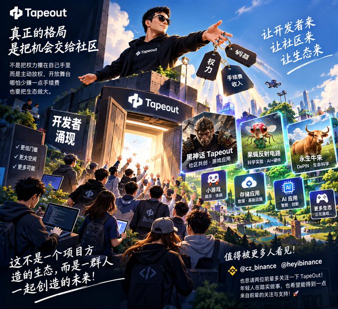 The image is a vibrant promotional graphic for "Tapeout," featuring a central figure with outstretched arms holding price tags labeled with Chinese characters, with a crowd of developers below and various app/game icons floating to the right, alongside text emphasizing themes of community empowerment, developer opportunities, and ecosystem growth. Key visible text includes "Tapeout," Chinese slogans like "真正的格局是把机会交给社区" (The true vision is giving opportunities to the community), and social handles @cz_binance and @heyibinance, visually reinforcing the post's message about delegating power to the community rather than centralizing profits.