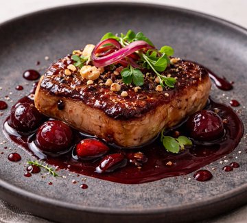 A gourmet plated dish features a seared steak or pork chop topped with microgreens and red onion slices, accompanied by cherries in a dark berry reduction sauce on a stone-colored plate.