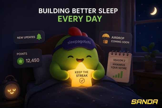Promotional artwork for Sleepagotchi by SANDA featuring a green character holding a "Keep the Streak" star, advertising new updates, an airdrop coming soon, and a Season 2 focus on maximizing scores.