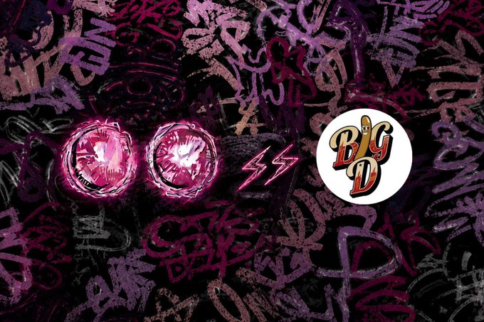 A dark, graffiti-covered background with purple and black hues featuring two glowing pink circular elements and a 'Big D' logo.
