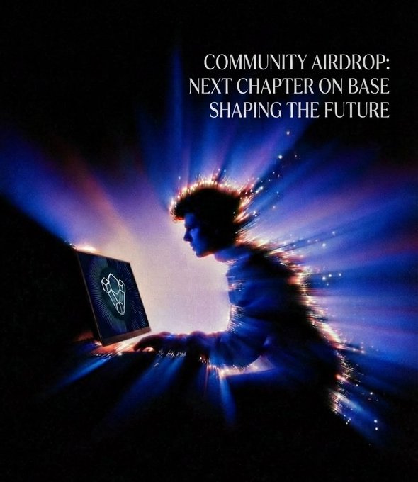Promotional image with text 'COMMUNITY AIRDROP: NEXT CHAPTER ON BASE SHAPING THE FUTURE' showing a person at a laptop with dramatic blue and orange light rays radiating outward.