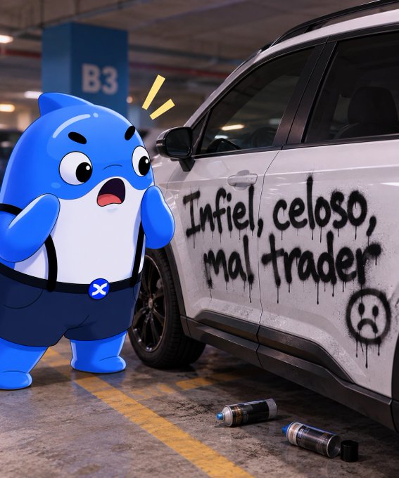 A cartoon scene in a parking garage where a shocked blue mascot character looks at a white car spray-painted with 'Infiel, celoso, mal trader' and a sad face, with spray cans on the ground.
