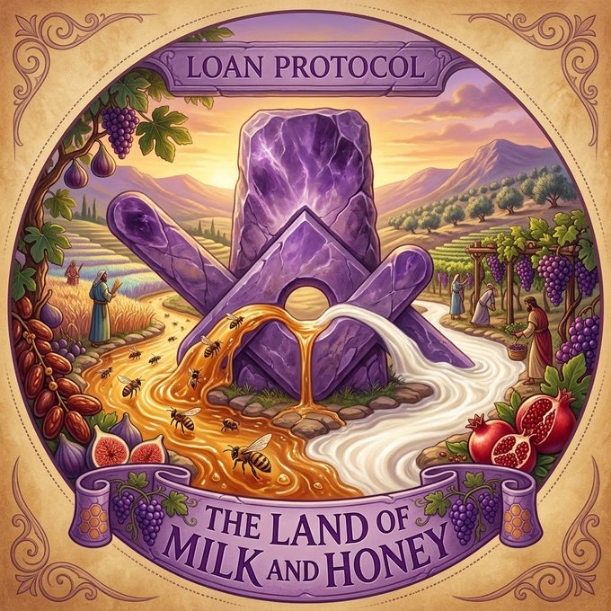 The image is a circular, ornate illustration labeled "LOAN PROTOCOL" at the top and "THE LAND OF MILK AND HONEY" on a banner at the bottom, featuring a flowing river of milk and honey, a central purple stone monument, bees, vineyards, and figures harvesting produce — symbolizing the prosperity associated with the $LOAN protocol.
