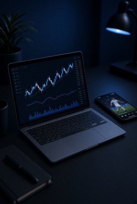 Dark workspace scene with a laptop displaying financial candlestick and bar charts, accompanied by a smartphone showing a video and a desk lamp.