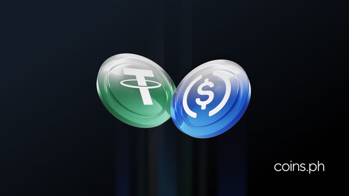 A promotional graphic for coins.ph showing two overlapping 3D coin icons: a green Tether (USDT) coin and a blue USDC coin against a dark background, with the coins.ph logo in the bottom right corner.