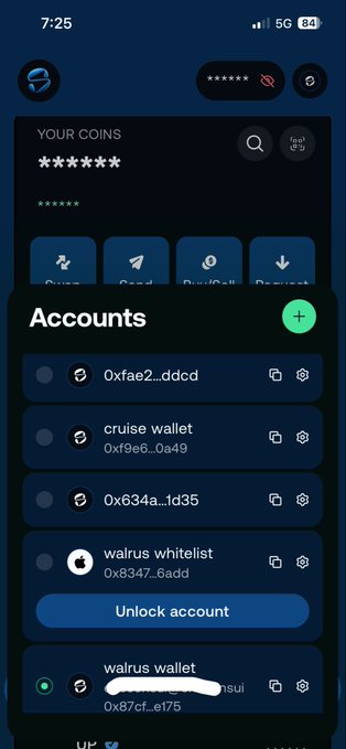 A mobile cryptocurrency wallet app showing an 'Accounts' menu with multiple wallet entries including '0xfae2...ddcd', 'cruise wallet' (0xf9e6...0a49), '0x634a...1d35', a locked 'walrus whitelist' account, and an active 'walrus wallet' (0x87cf...e175).
