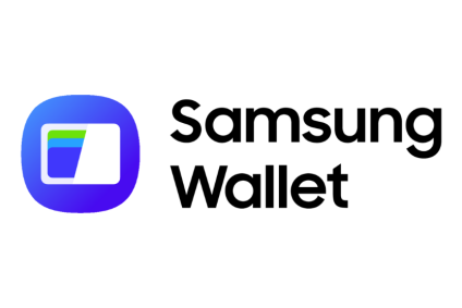 The Samsung Wallet logo is displayed, featuring a purple rounded square icon with a card graphic next to the text 'Samsung Wallet' in black.