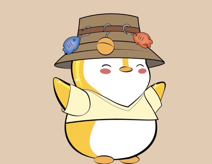 A cute cartoon illustration of a chubby yellow and white penguin-like creature wearing a bucket hat decorated with fish, with sparkle effects on its wings.