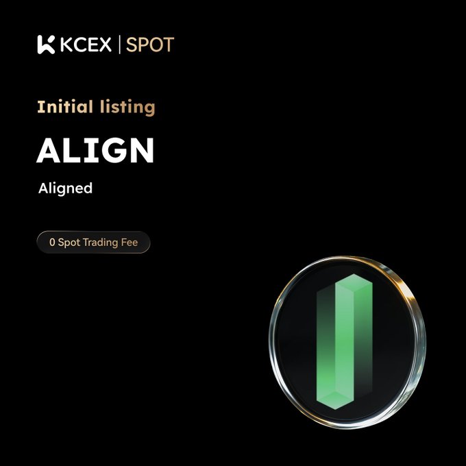 A KCEX promotional graphic announcing the initial spot listing of the ALIGN token, featuring a 0% trading fee offer and a green crystal logo.