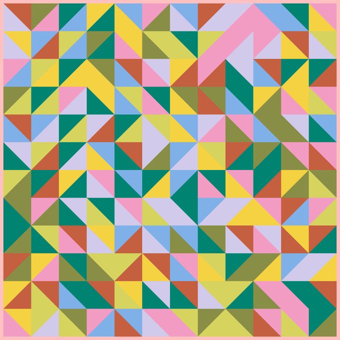 An abstract geometric pattern composed of colorful triangles in shades of pink, yellow, green, blue, and orange arranged in a grid-like mosaic design.