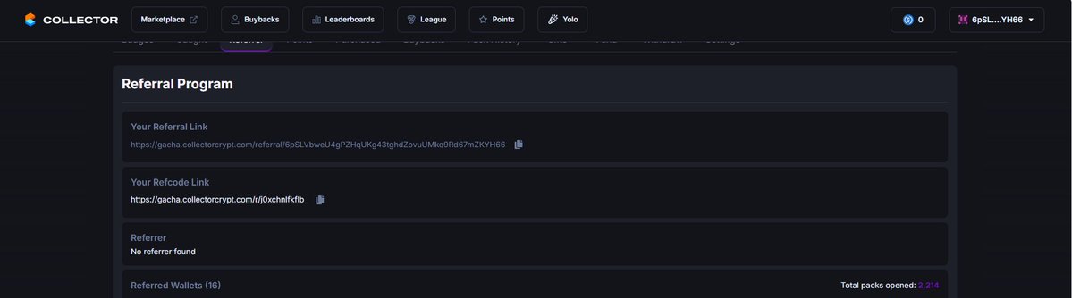 The image shows a Collector Crypt referral program dashboard for user "6pSL...YH66," displaying their referral link, refcode link, and stats showing 2,214 total packs opened from 16 referred wallets—corroborating the poster's claim of recent onboarding success.