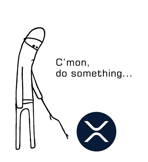 A line-drawn figure in a hoodie stands poking the XRP logo with a stick while saying "C'mon, do something..." — visually capturing the post's message about impatient XRP holders giving up before the token's eventual move.