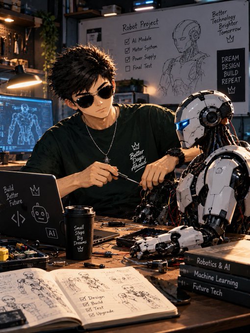 An AI-generated illustration showing a young man with sunglasses working on a humanoid robot at a desk cluttered with electronics, books on 'Robotics & AI,' and a whiteboard displaying a 'Robot Project' checklist.