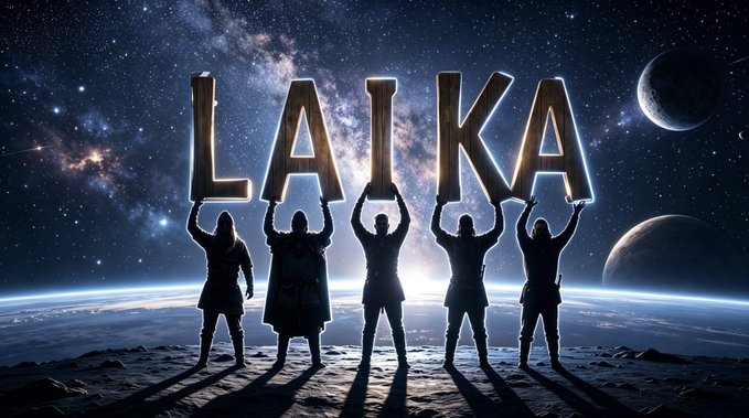 Five silhouetted figures stand on a cosmic landscape holding up large letters spelling "LAIKA" against a starry galaxy backdrop with planets visible.