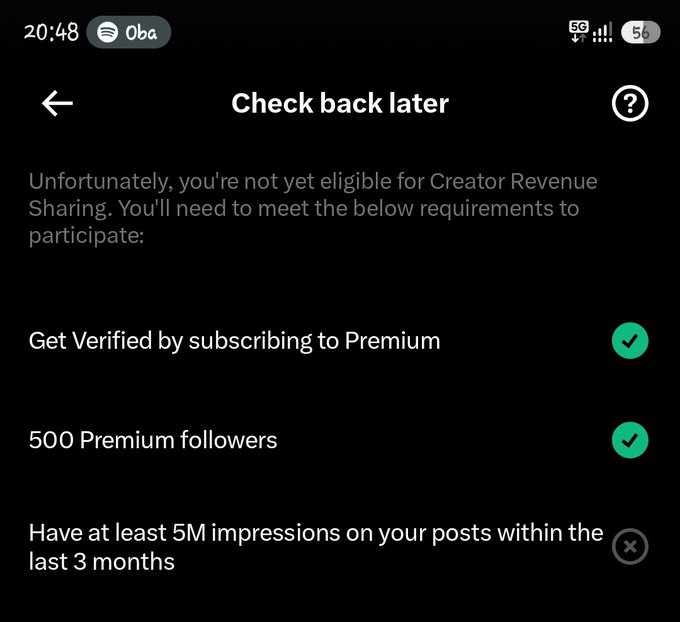 A screenshot of a Spotify for Artists page showing the user is not yet eligible for Creator Revenue Sharing, having met two requirements ("Get Verified by subscribing to Premium" and "500 Premium followers") but still needing "at least 5M impressions on your posts within the last 3 months." The image relates to the post by showing the user wondering if they can monetize quickly, while the screen indicates they still have a significant impressions requirement to meet before becoming eligible.