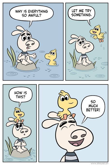 The image features a cartoon scene with two cartoon characters, one white dog sitting on top of another cartoon dog that is swimming underwater. The text above the image reads "Why is everything so awful? Let me try something." Below this, there are four panels depicting different scenarios involving the dogs and their interactions in water.