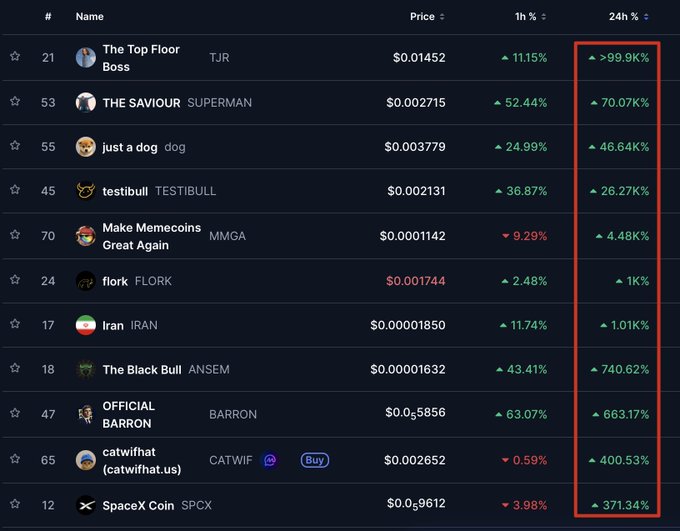 A meme coin leaderboard displays 24-hour price gains, led by "The Top Floor Boss" (TJR) at +99.9K% and "THE SAVIOUR" (SUPERMAN) at +70.07%, with all ten listed tokens—including dog, testibull, MMGA, flork, and ANSEM—posting triple-digit percentage increases, illustrating the speculative surge referenced in the post.