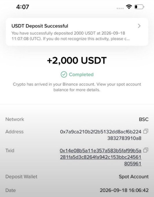 A screenshot of a Binance app notification confirming a successful '+2,000 USDT' deposit on the BSC network, displaying transaction details including the wallet address and TxID.