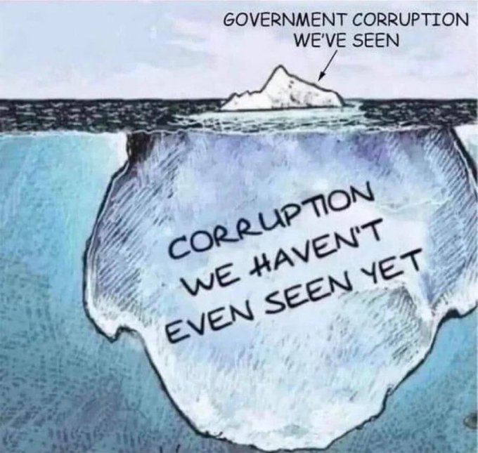 The image features a cartoon depiction of an iceberg floating in the ocean, with the words "Corruption we haven't seen yet" written above it. This visual representation seems to be related to a social media post or meme that encourages people to share their thoughts on the issue of corruption and its impact on society. The caption reads: "Make DOGE Great Again!".