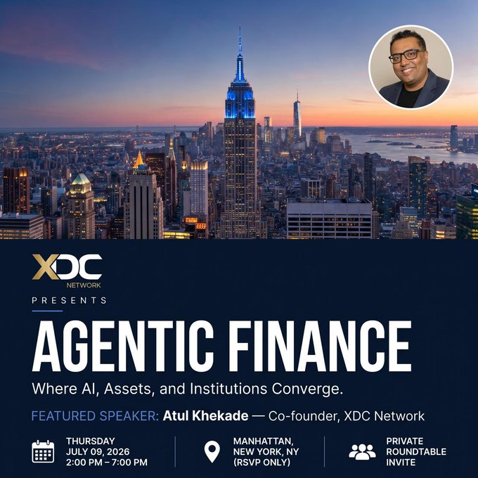 An event flyer for 'AGENTIC FINANCE' by XDC NETWORK, featuring a New York City skyline and a headshot of 'Atul Khekade, Co-founder, XDC Network', scheduled for Thursday, July 09, 2026 in Manhattan.