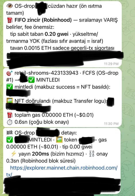 A screenshot of three Telegram messages showing successful NFT mint transactions on Robinhood's blockchain chain, with details including "MINTLEDI" (minted) confirmations, gas costs of "0.00000 ETH (~$0.01)," tip of "0.20 gwei," and a final transaction link to "explorer.mainnet.chain.robinhood.com," serving as proof of the user's bot successfully minting a Retail Shrooms NFT during the FCFS phase.