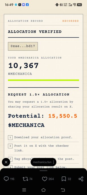 An allocation record page for a cryptocurrency token called $MECHANICA, showing an allocation of 10,367 verified at the address 0xae...bd17, with instructions to request a 1.5x allocation.