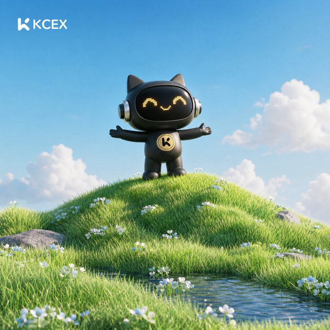 A black cat-like robot mascot with glowing eyes standing on a grassy hill under a blue sky, with "KCEX" branding in the corner.