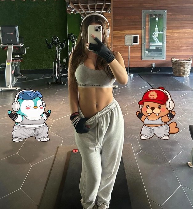 A mirror selfie taken in a gym showing a fit woman wearing gray activewear, headphones, and gloves, flanked by two cartoon character stickers (a penguin and a beaver in workout gear).