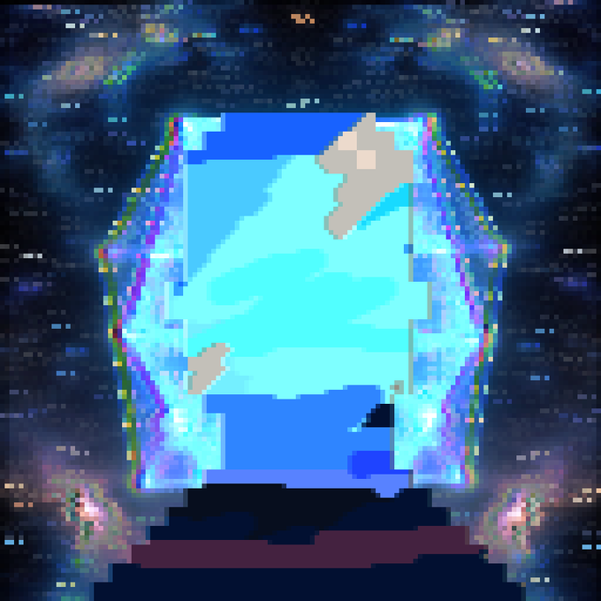 A pixel art NFT-style image showing a hooded figure in blue tones with a glitchy, corrupted digital aesthetic.