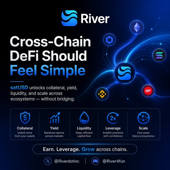 The image features a blue background with white text that reads "RIVER CROSS-CHAIN DEFI SHOULD Feel Simple, not like a bridge fight every time opportunity appears opportunities appear". The image also includes several icons related to cryptocurrency and deFi, such as a Bitcoin symbol, Ether symbol, and Ripple logo. These icons are scattered across the blue background in various sizes and positions, creating an engaging visual representation of the content within the post.