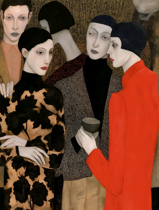 A stylized painting depicting several figures with pale faces and dark hair, including a prominent woman in a bright red coat, against a textured brown background.
