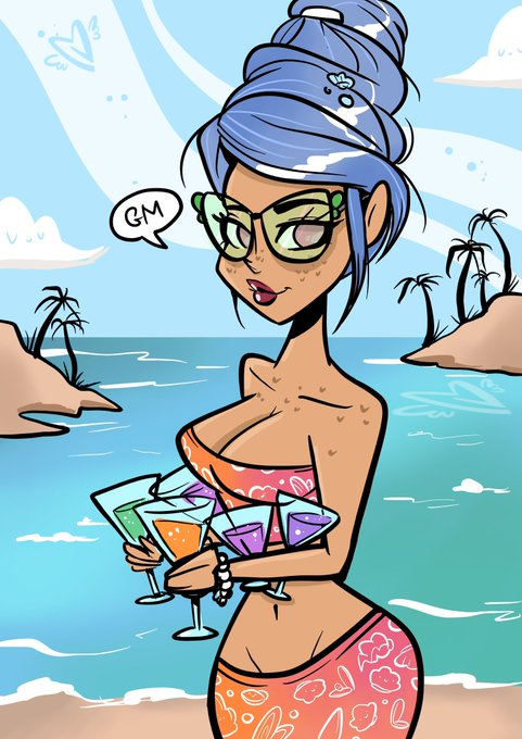 A cartoon illustration of a blue-haired anime-style woman in a bikini holding colorful cocktail glasses on a beach, with a 'GM' speech bubble.