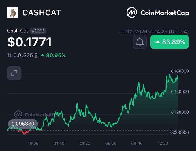 A CoinMarketCap chart shows Cash Cat (CASHCAT) ranked #222 at $0.1771, surging 83.89% to a high of $0.180000. The price action supports the post's claim about the meme coin's rapid rise and approaching $200M market cap milestone.