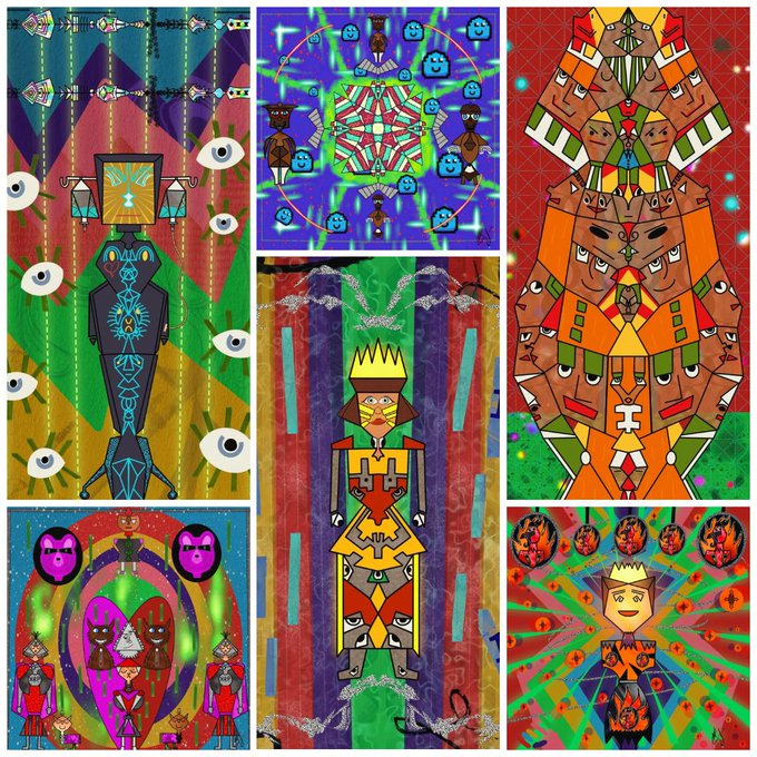 A collage of six vibrant, symmetrical digital illustrations featuring stylized figures, faces, and abstract geometric patterns in bold colors like red, blue, green, and orange.
