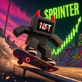 A promotional NFT graphic labeled 'SPRINTER NFT' depicting a stylized black skateboard with a face, set against a vibrant cityscape background.