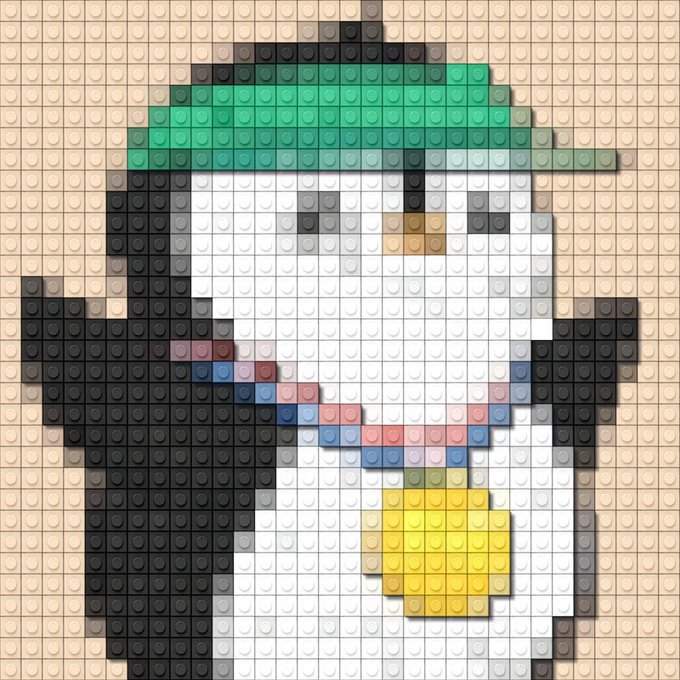 Pixel art of a penguin made from Lego-style bricks, wearing a green hat and a red, white, and blue striped scarf, holding a yellow object.