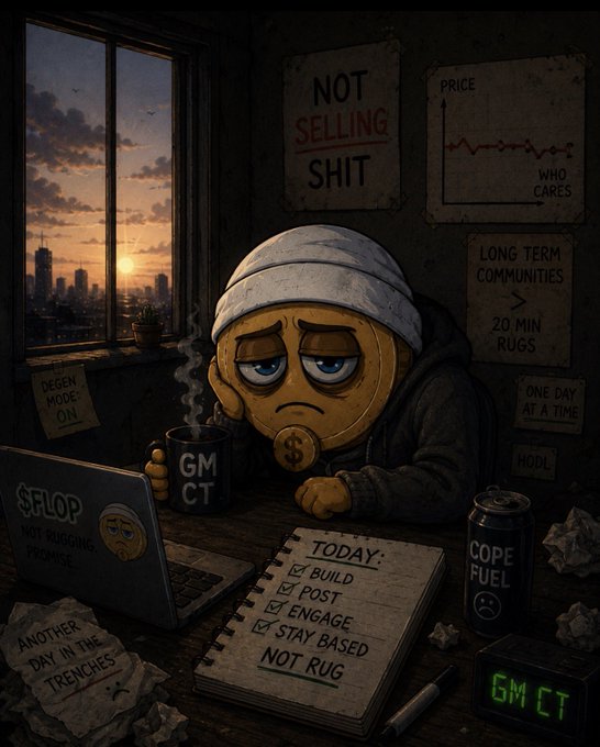 A weary, pajama-wearing emoji-like figure sits dejectedly at a cluttered desk holding a "GM CT" mug, surrounded by meme signs reading "NOT SELLING SHIT," "HODL," "DEGEN MODE: ON," and a checklist ending with "NOT RUG," with a laptop displaying "$FLOP" and a digital clock reading "GM ET" at sunset.

The image perfectly captures the post's sentiment of weary perseverance—showing a tired crypto trader resigned to another day of the grind, with the chaotic bearish environment ("$FLOP," down-trending price chart) balanced by stubborn commitment to the community ("NOT SELLING SHIT," "STAY BASED").