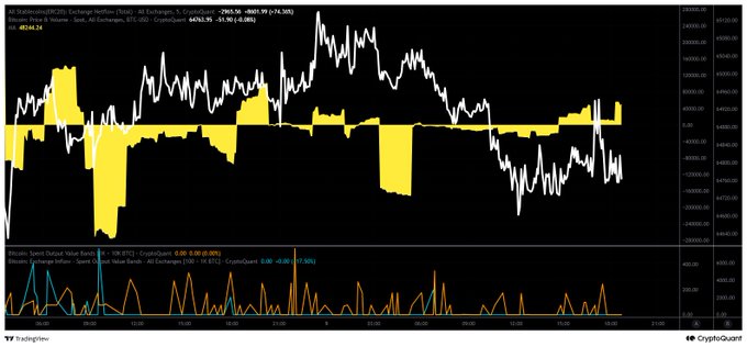 The image displays a TradingView chart tracking stablecoin exchange netflow (Delta) and supply on exchanges, with the title showing a 7-day netflow of -295.36 (-0.03%) and total stablecoin volume of 4D+242.5K, alongside candlestick price action for a crypto trading pair around the 63,000-64,000 range.

This data visualization supports the claim about stablecoin movements, as the bottom panels show "Stable Exchange Netflow" and "Bitcoin Exchange Inflow - Spark CryptoQuant Bands" metrics, which would be used to track the returning net inflows mentioned in the post.